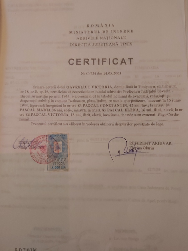 Certificat refugiu - Banat - 1944